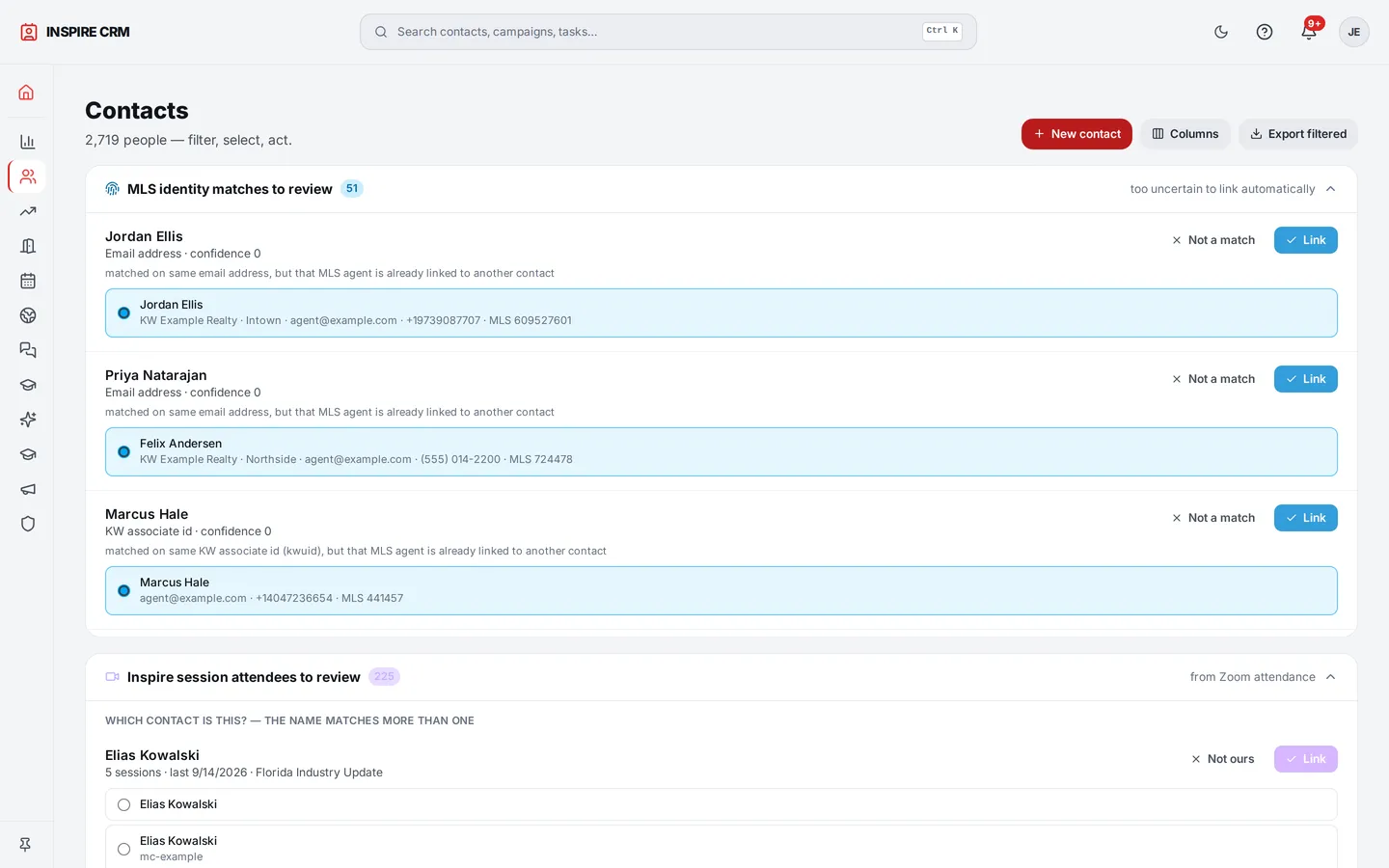 CRM contacts keyed to the roster in the live platform